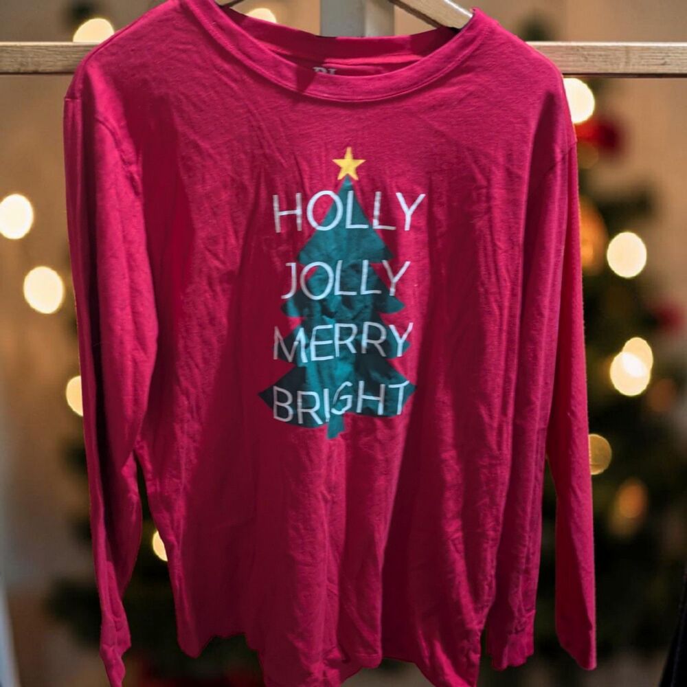 PJ Place Holly Jolly Merry Bright Christmas Shirt Large Red Holiday